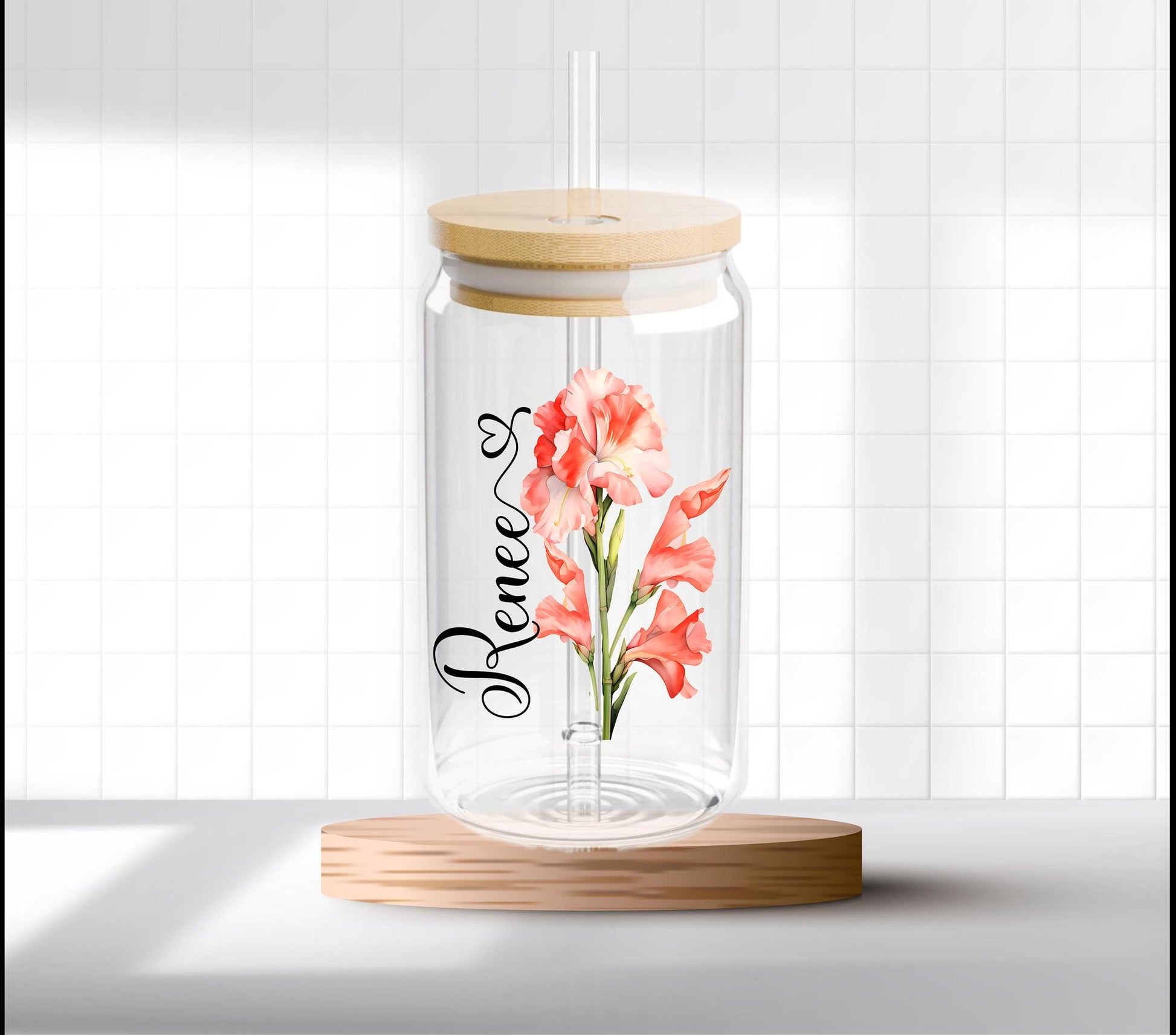 Personalized Birth Month Flower Sipper Glass: 16oz, Floral Sipper Glass, Gift for Her