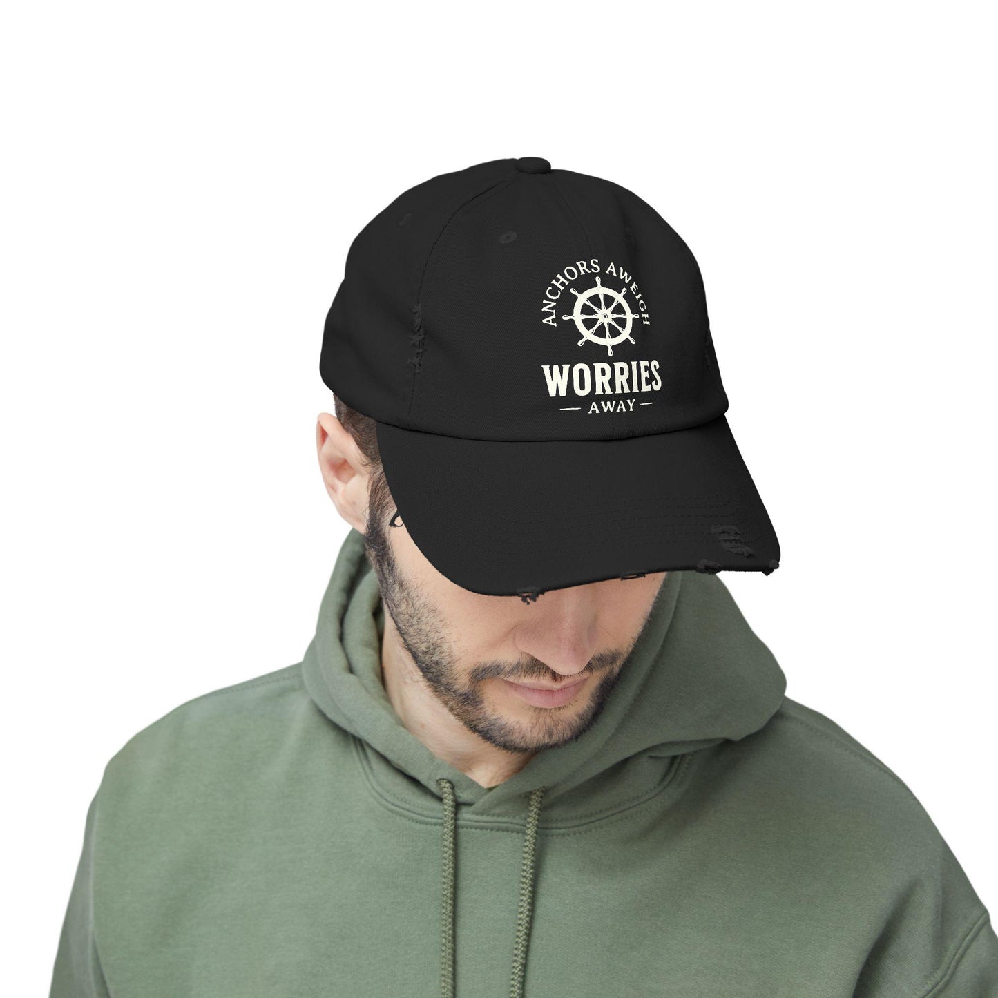 Distressed Cap - "Anchors Aweigh, Worries Away" Hat, Dad Hat, Casual Summer Accessory, Father's Day Gift, Boater Hat, Nautical Hat