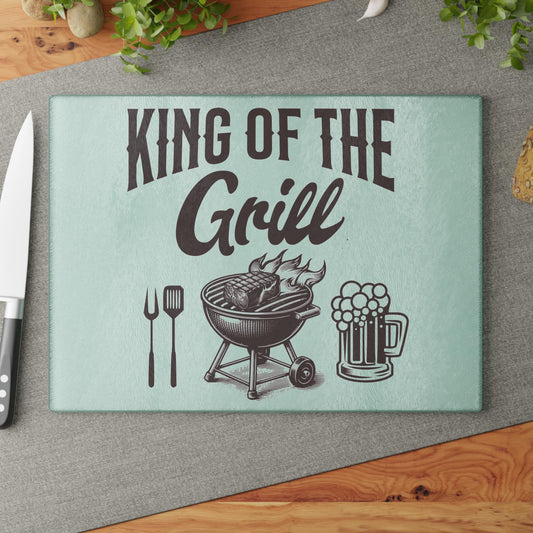 King of the Grill Tempered Glass Cutting Board, Father's Day Gift for Dad, BBQ Gear, Cookout Gift