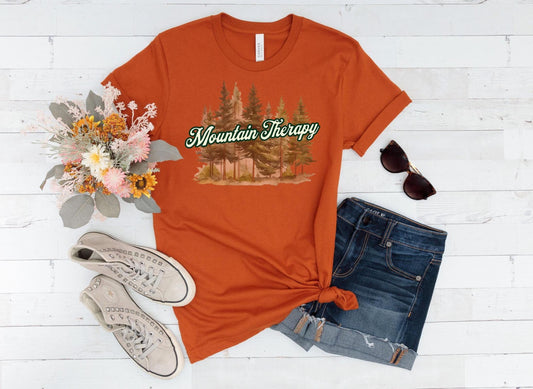 Mountain Therapy T-Shirt, Nature-Inspired Graphic Tee with Pine Trees & Retro Script | Outdoorsy Hiking Forest Vibes, Gift for Nature Lovers