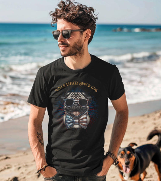 Patriotic Pug T-Shirt, Cute Pet T-Shirt, July 4th T-Shirt, Gift for Dog Lovers, Animal Lover Apparel, Unleashed Since 1776