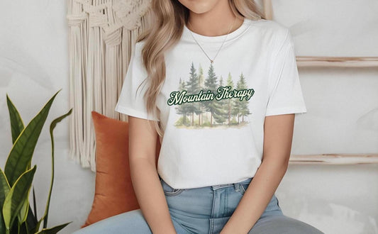 Mountain Therapy T-Shirt, Nature-Inspired Graphic Tee with Pine Trees & Retro Script | Outdoorsy Hiking Forest Vibes, Gift for Nature Lovers