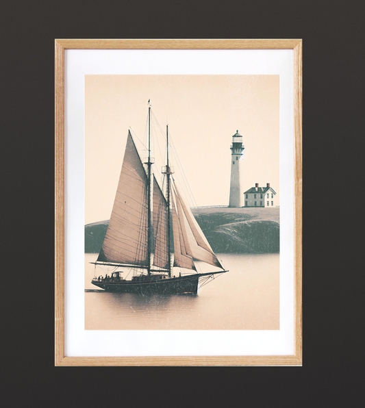 Vintage Sailboat and Lighthouse Art: Matte Vertical Poster