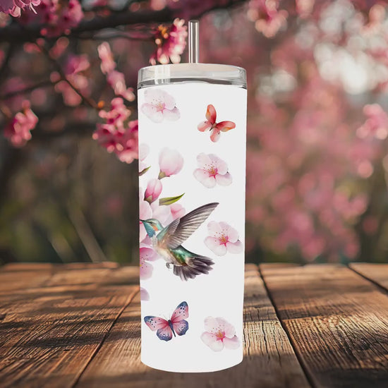 Cherry Blossom Tumbler, Personalized Cup with Straw, 20oz - Floral Design, Hummingbirds & Butterflies - Custom Name Gift - Spring Mug,