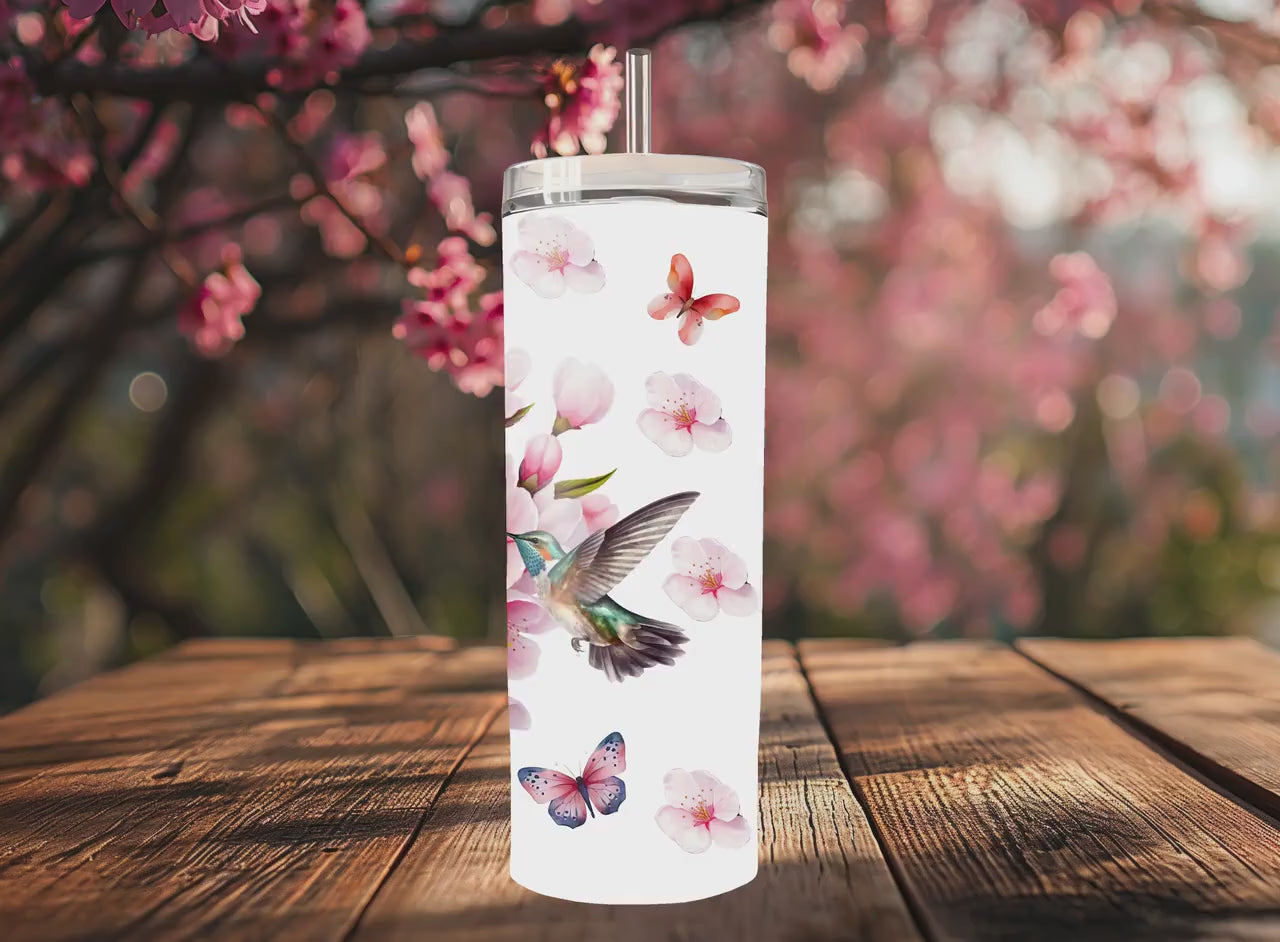 Cherry Blossom Tumbler, Personalized Cup with Straw, 20oz - Floral Design, Hummingbirds & Butterflies - Custom Name Gift - Spring Mug,