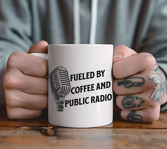 Fueled by Coffee and Public Radio Mug | Vintage Microphone Design for Public Radio Fans, Coffee Mug, NPR Nerd Mug