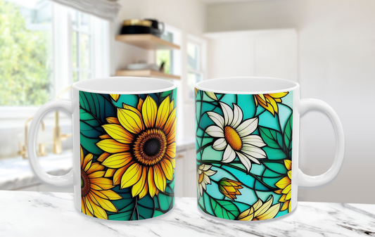Vibrant Stained Glass Effect Sunflower Mug: 11oz & 15oz